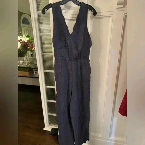 Nicole miller 100% linen blue jumpsuit with tie belt. zip up back wide leg. - Picture 1 of 11